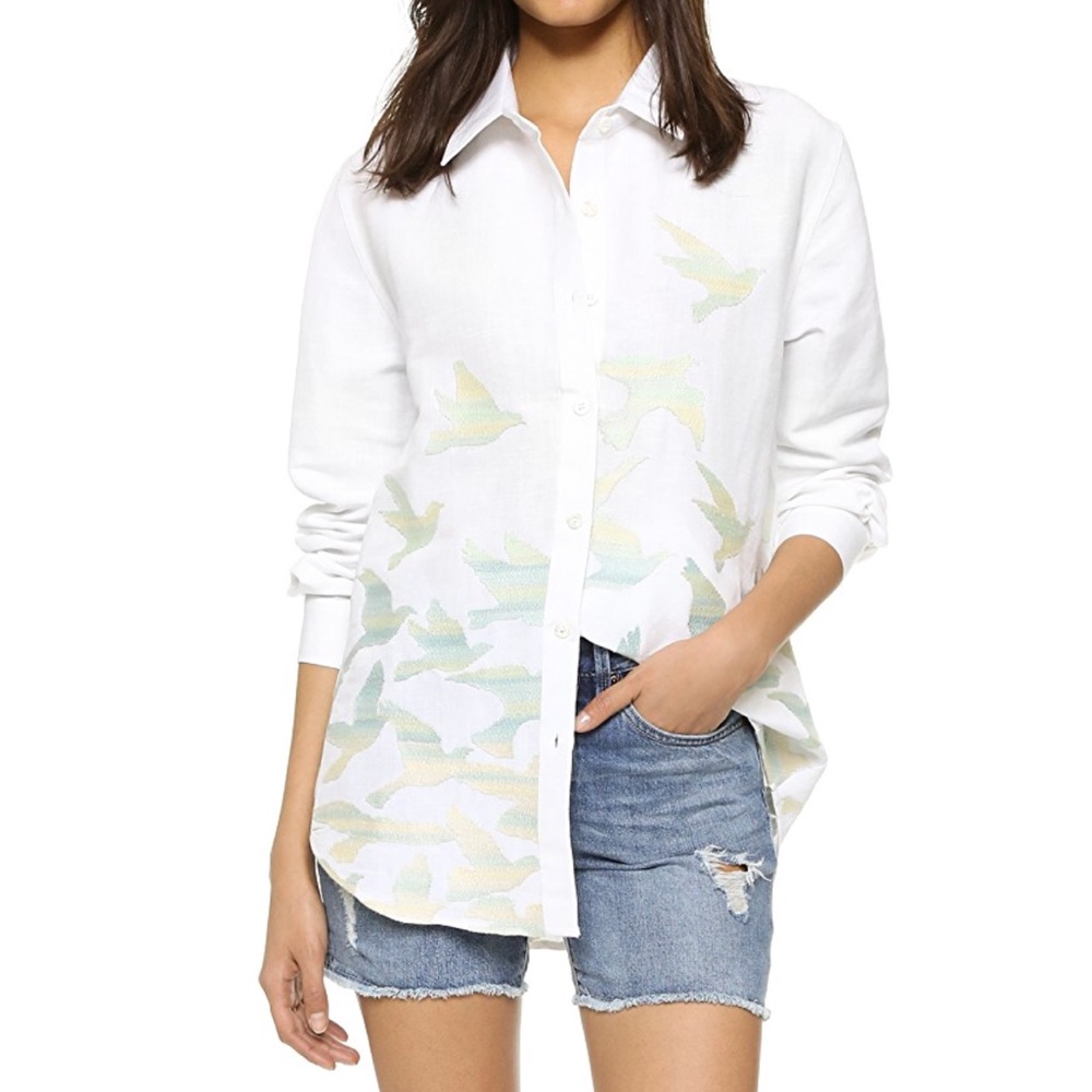 BIRDS EMBROIDERED LINEN BLOUSE by Mara Hoffman